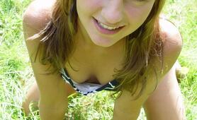 Pictures of teen cutie Josie Model flashing her tits outdoors